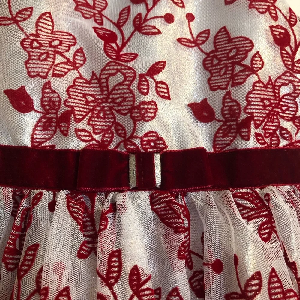 Elegant Red and White Floral Girls Christmas Dress - Picture 3 of 4